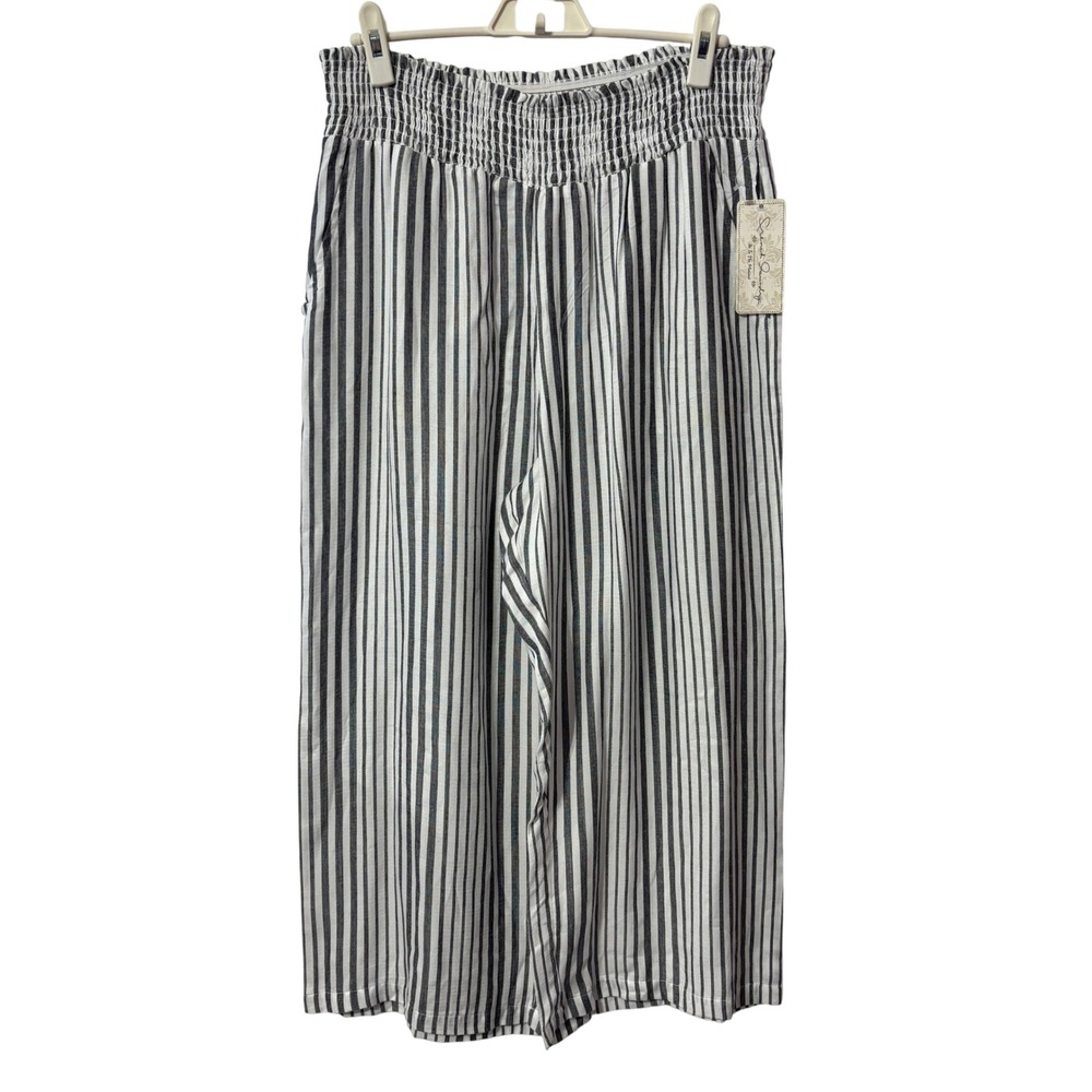 French Laundry Womens Large Gray‎ White Striped Smocked Wide Leg Pants NWT Rayon